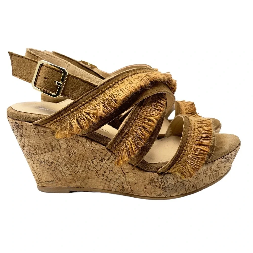 Brenda Zaro Womens Shoes 6US 36EU Tan Leather Fringe Wedge Sandals Western Boho